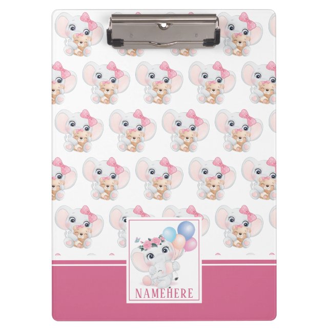 Girly Pink Elephant with Bow and Balloon Pattern Clipboard (Front)