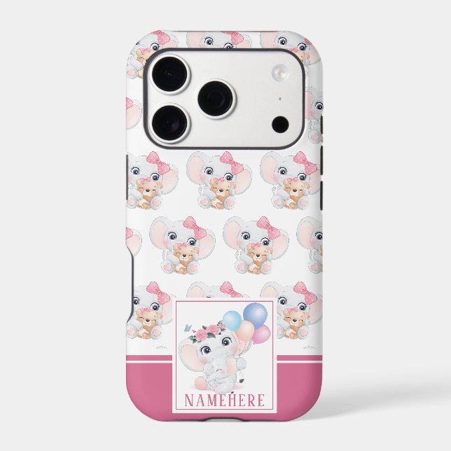Girly Pink Elephant with Bow and Balloon Pattern Iphone Case (Back)