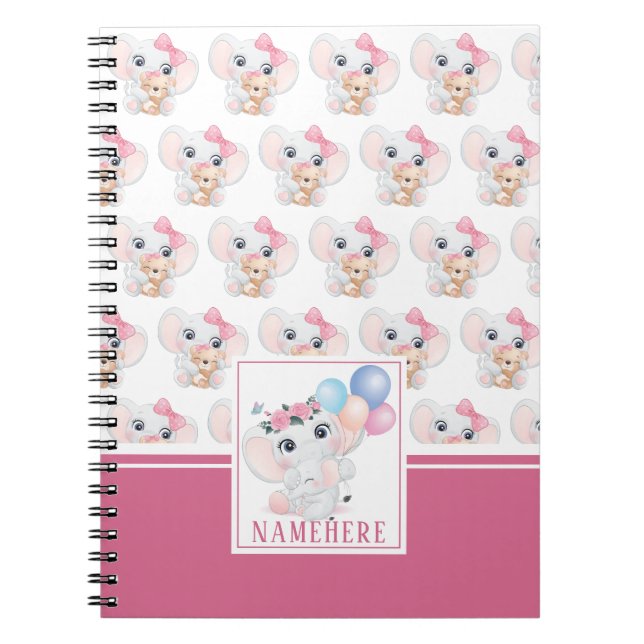 Girly Pink Elephant with Bow and Balloon Pattern Notebook (Front)