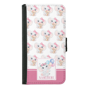 Girly Pink Elephant with Bow and Balloon Pattern Samsung Galaxy S5 Wallet Case