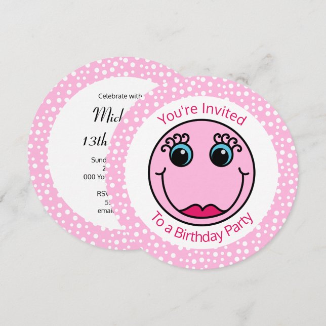 Girly Pink Emoji Face Birthday Party Invitation (Front/Back)