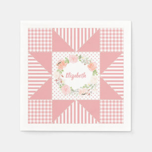 Girly Pink Evening Star Quilt Rose Wreath and Name Napkins