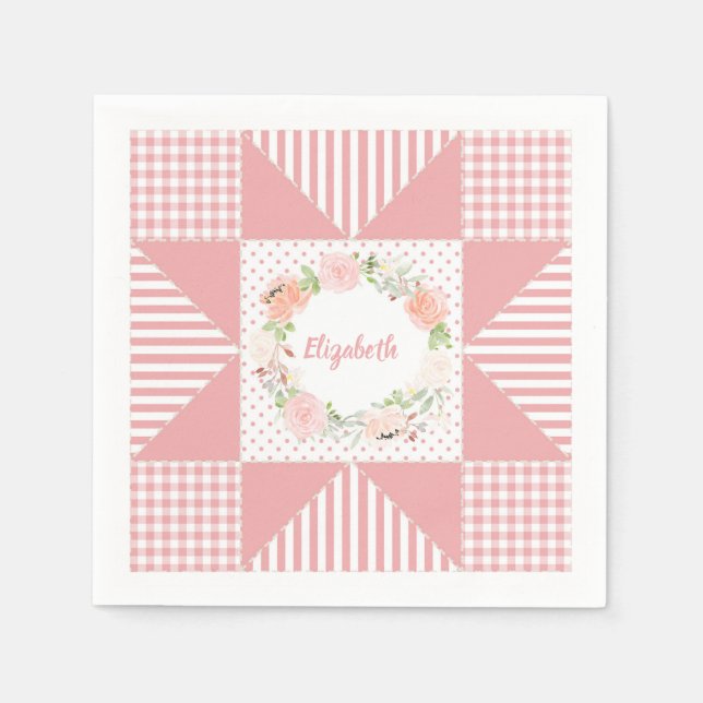 Girly Pink Evening Star Quilt Rose Wreath and Name Napkins (Front)