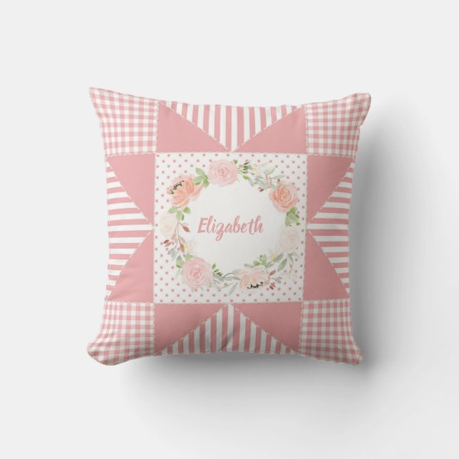 Girly Pink Evening Star Quilt Rose Wreath and Name Throw Pillow (Front)