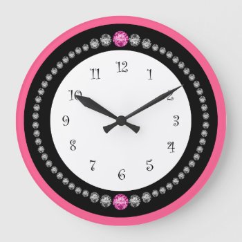 Girly Pink Faux Diamond Jewel Large Clock by idesigncafe at Zazzle