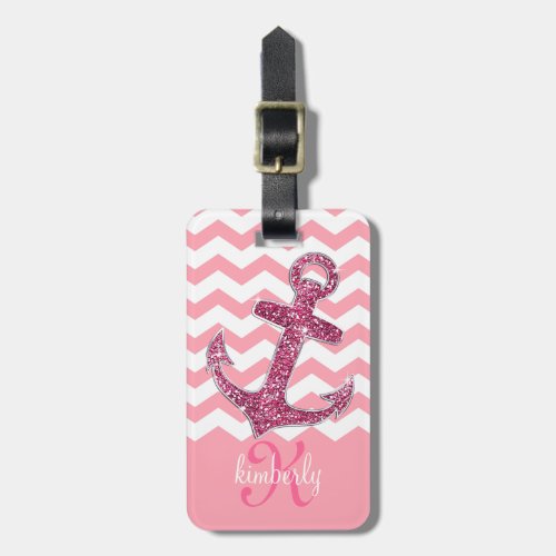 Girly Pink Faux Glitter Anchor Chevron Monogram Luggage Tag