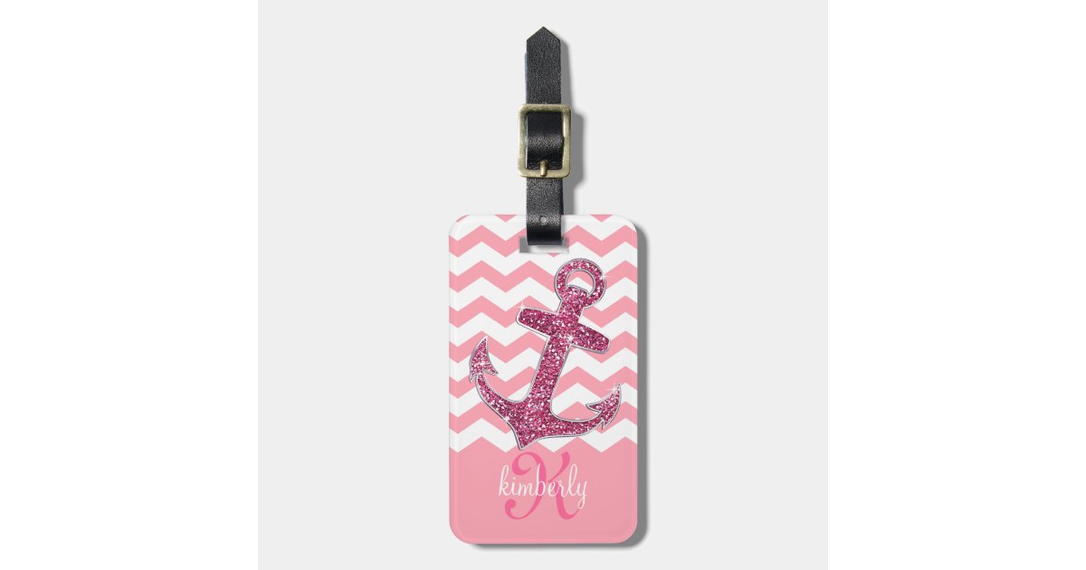 Girly Pink Faux Glitter Anchor Chevron Monogram Luggage Tag Zazzle
