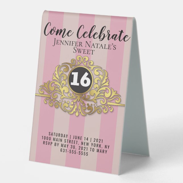 Girly Pink Faux Gold Foil Sweet 16 TableTent Table Tent (Front)