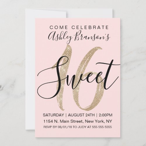 Girly Pink Faux Gold Sequin Glitter Sweet 16 Invitation