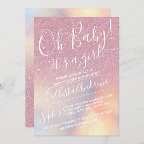 Girly Pink Faux Iridescent Glitter Baby Shower Invitation