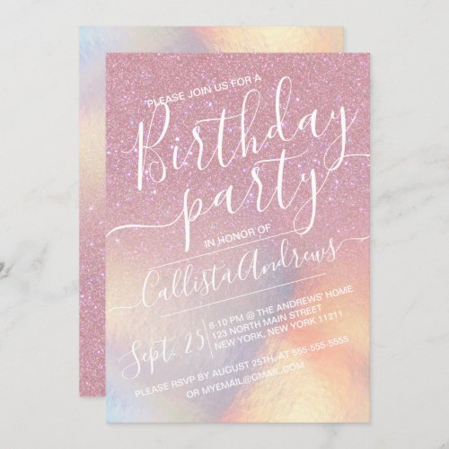 Girly Pink Faux Iridescent Glitter Ombre Birthday Invitation