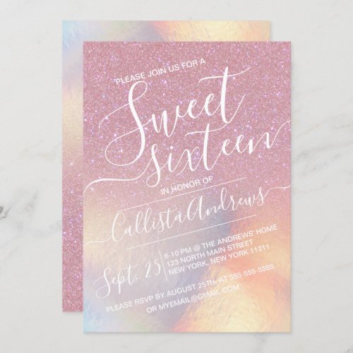 Girly Pink Faux Iridescent Glitter Ombre Sweet 16 Invitation