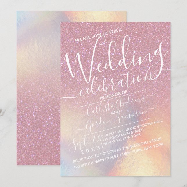Girly Pink Faux Iridescent Glitter Ombre Wedding Invitation (Front/Back)