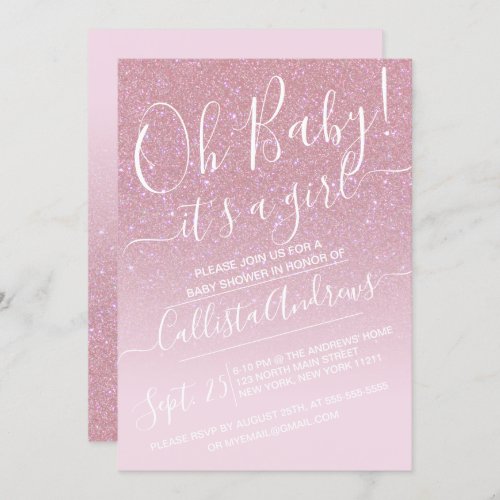 Girly Pink Faux Sparkly Glitter Ombre Baby Shower Invitation