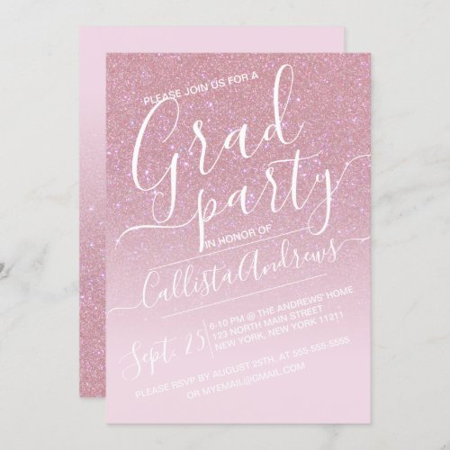 Girly Pink Faux Sparkly Glitter Ombre Graduation Invitation