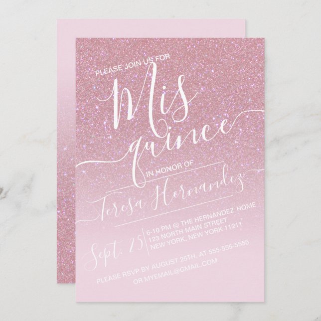 Girly Pink Faux Sparkly Glitter Ombre Quinceañera Invitation (Front/Back)
