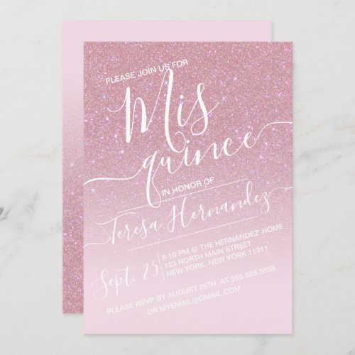 Girly Pink Faux Sparkly Glitter Ombre Quinceaera Invitation