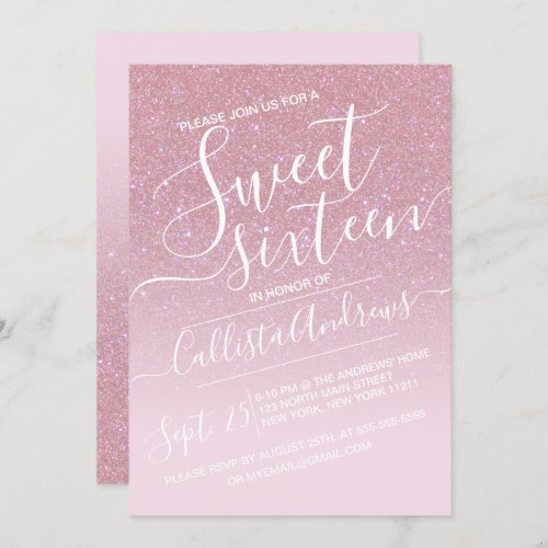 Girly Pink Faux Sparkly Glitter Ombre Sweet 16 Invitation