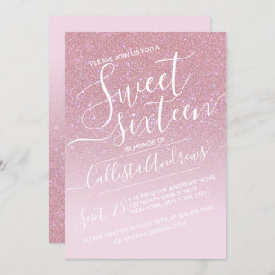 Girly Pink Faux Sparkly Glitter Ombre Sweet 16 Invitation