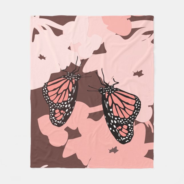 Girly Pink Feeding Monarch Butterfly Pair Fleece Blanket (Front)
