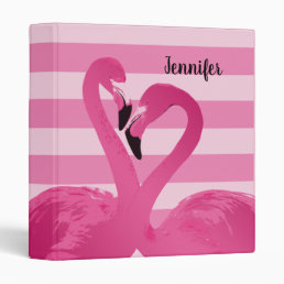 Girly Pink Flamingo Birds Stripe Pattern + Name 3 Ring Binder