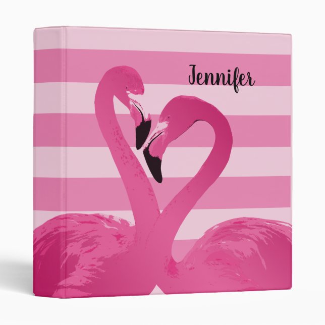 Girly Pink Flamingo Birds Stripe Pattern + Name 3 Ring Binder (Front/Spine)