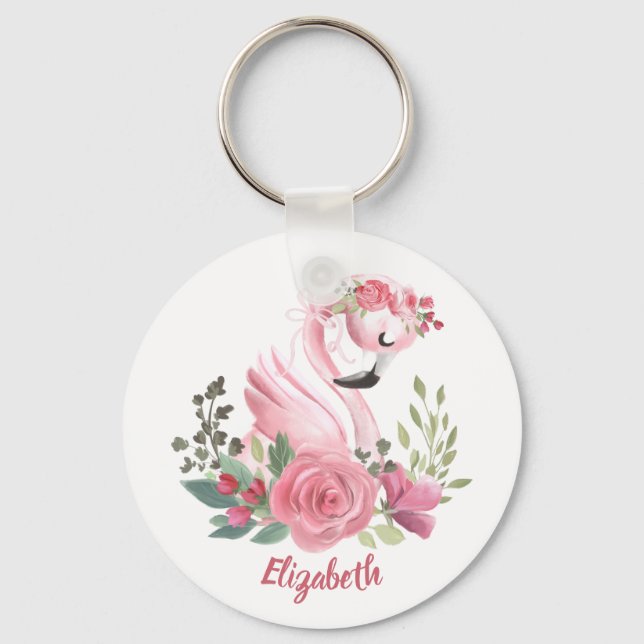 Girly Pink Flamingo Floral Roses Name Keychain (Front)