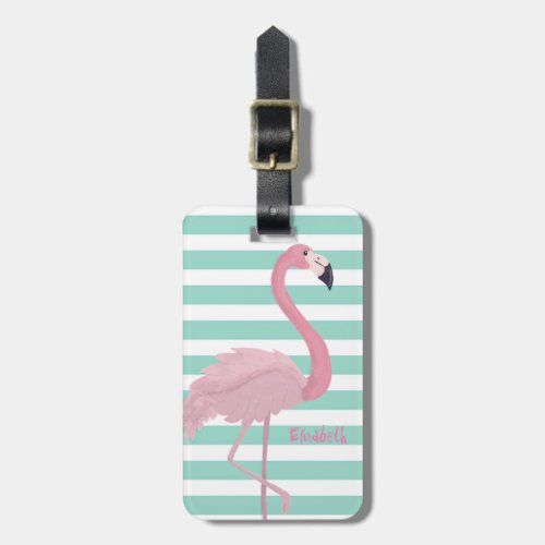 Girly  Pink Flamingo On Mint  White Stripes Luggage Tag