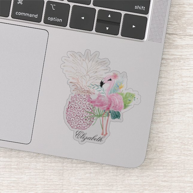 Girly Pink Flamingo,Tropical Leaves,Pineapple Sticker (Detail)