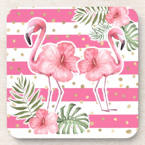 Girly Pink Flamingos Floral Gold Polka Dots  Beverage Coaster