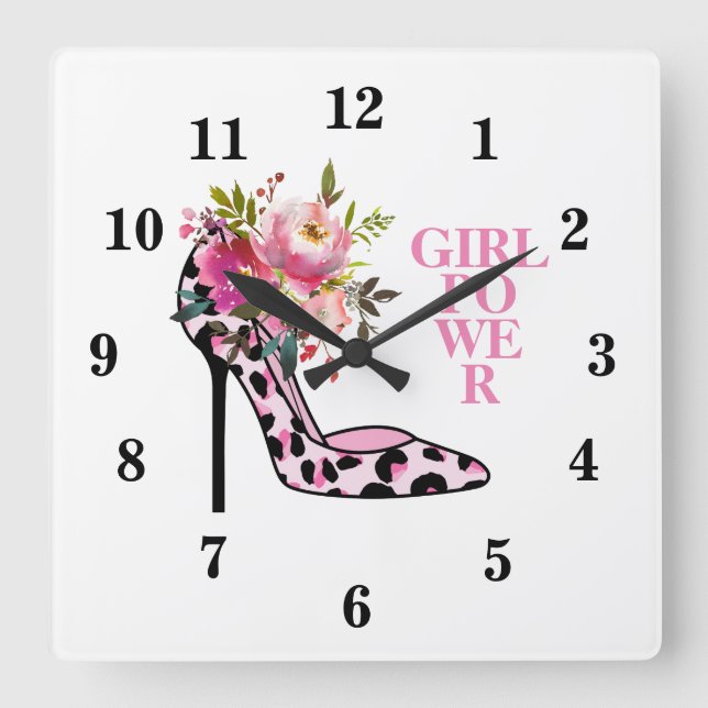 Girly Pink Floral and High Heels  Square Wall Clock (Front)