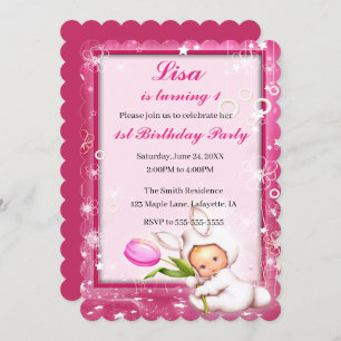 Girly Pink Floral Baby Bunny 1st Birthday Invitation