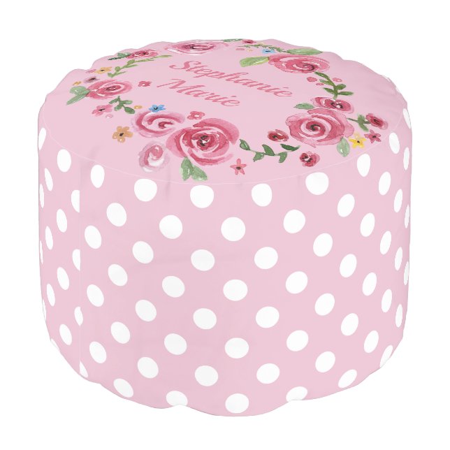 Girly Pink Floral Baby Girl Polka Dot Pouf (Angled Back)