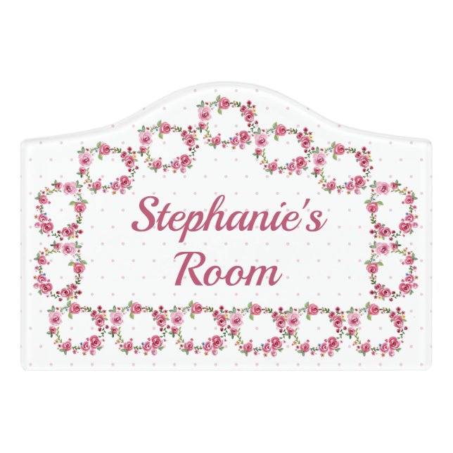 Girly Pink Floral Baby Nursery Kids Room Door Sign (Small Crest Front)