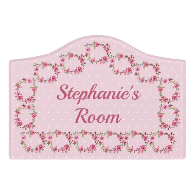 Girly Pink Floral Baby Nursery Kids Room Door Sign (Small Crest Front)