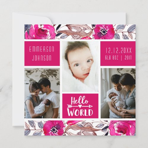 Girly Pink Floral Bold Photo Collage Birth Announcement