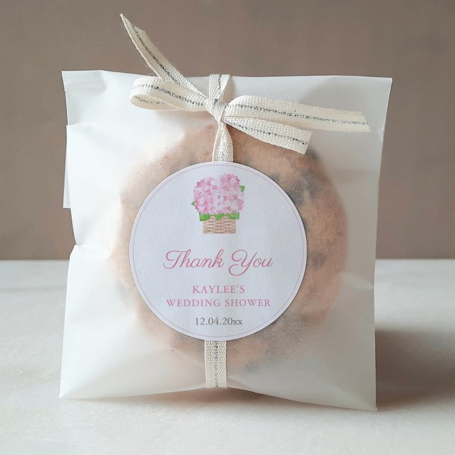Girly Pink Floral Bridal Shower Thank You Favor Classic Round Sticker (Pink Hydrangea In Wicker Basket Thank You Favor Sticker Design)