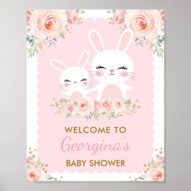 Girly Pink Floral Bunny Baby Shower Cute Rabbit Poster (Front)
