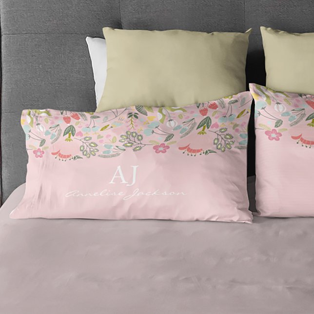 Girly pink floral chic monogram name personalized pillow case (Creator Uploaded)