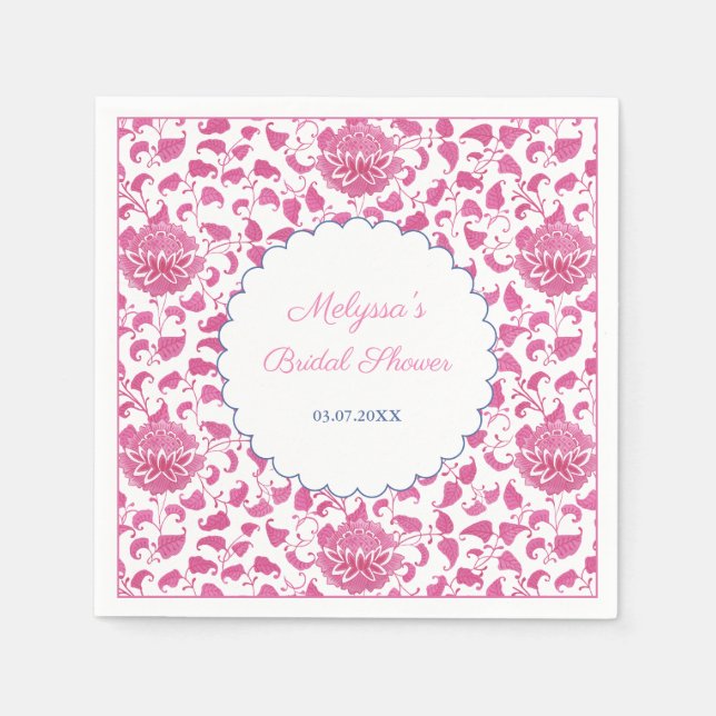 Girly Pink Floral Chinoiserie Bridal Shower Napkins (Front)