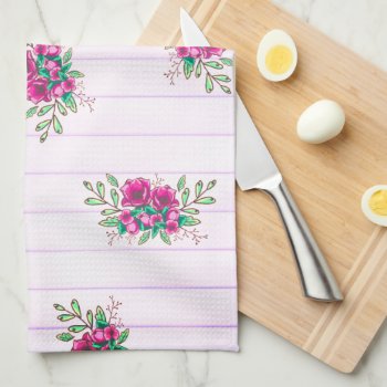 Girly Pink Floral Doodles & Pink Stripes Hello Kitchen Towel by GrudaHomeDecor at Zazzle