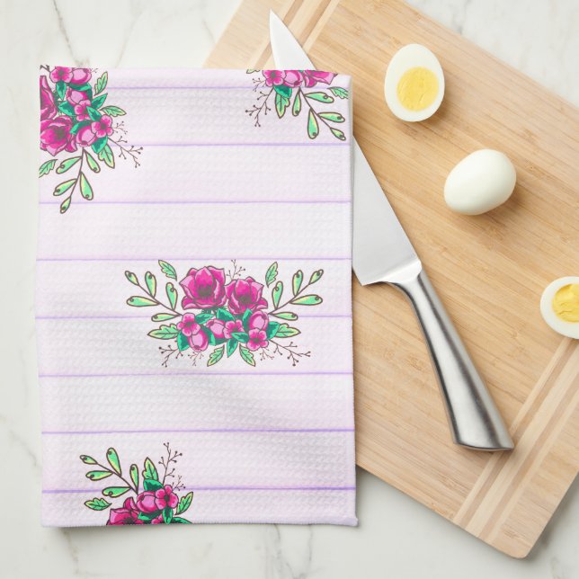 Girly Pink Floral Doodles & Pink Stripes Hello Kitchen Towel (Quarter Fold)