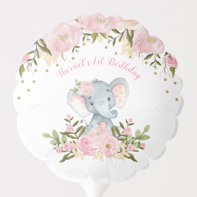 Girly Pink Floral Elephant 1st Birthday Decoration Balloon (Back)
