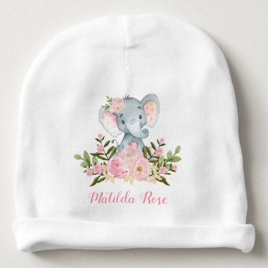 Girly Pink Floral Elephant Baby Beanie (Front)