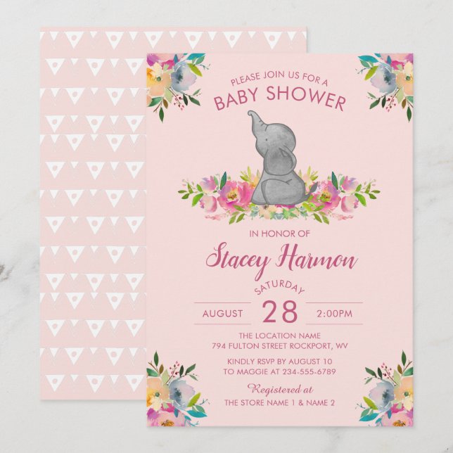 Girly Pink Floral Elephant Baby Shower Invitation (Front/Back)
