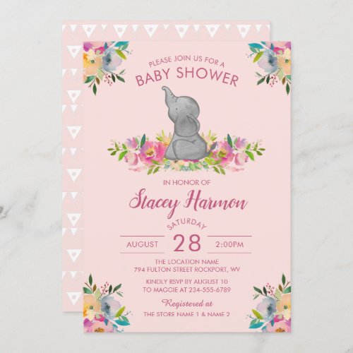 Girly Pink Floral Elephant Baby Shower Invitation