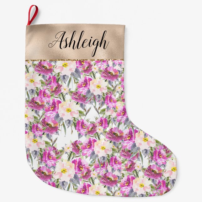 Girly Pink Floral Gold Glam Large Christmas Stocking (Front)