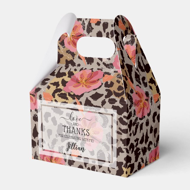 Girly Pink Floral Leopard Print Favor Boxes (Front Side)