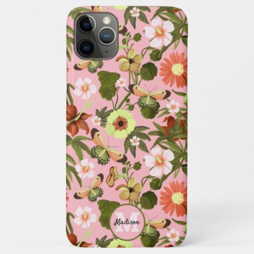 Girly Pink Floral Pattern Monogram Name iPhone 11 Pro Max Case