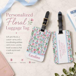 Girly Pink Floral Pattern Watercolor Personalized Luggage Tag